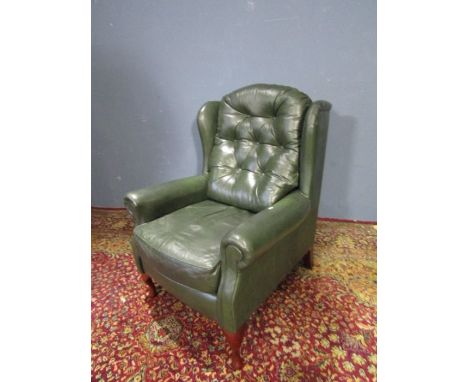 Green leather button back armchair&nbsp;