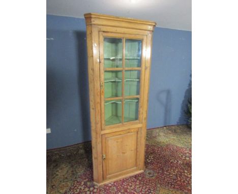 Vintage pine corner display cabinet with key.Height 201cmWidth 85cmDepth 46cm