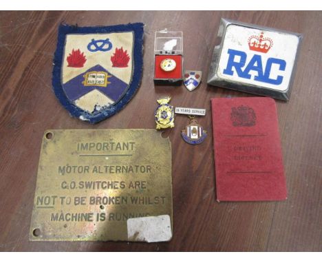 Brass plaque, RAC badge, Norfolk agriculture association badge, vintage driving licence etc
