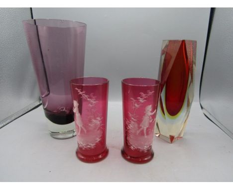 2 Mary Gregory enamel painted cranberry glasses, a red diamond shaped vase and a purple vase