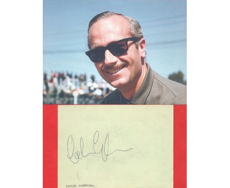Colin Chapman, a signed 6x4 page with a modern 7x5 photo. A design engineer, inventor, and builder in the automotive industry