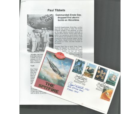 RAF, Paul Tibbets signed Shepherd Neame The Spitfire FDC and fact sheet. This lovely cover has a with a colour picture of a S