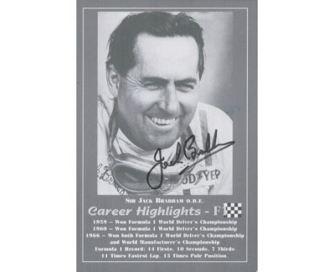 F1 Driver, Jack Brabham signed 6x4 black and white photograph. Brabham AO OBE (2 April 1926 - 19 May 2014) was an Australian 