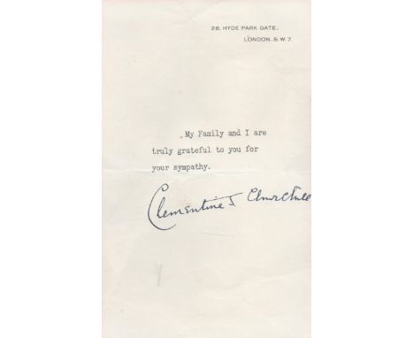 Prime Ministers Wife, Clementine Churchill TLS thanking the recipient for their sympathy, with a clear signature in black ink