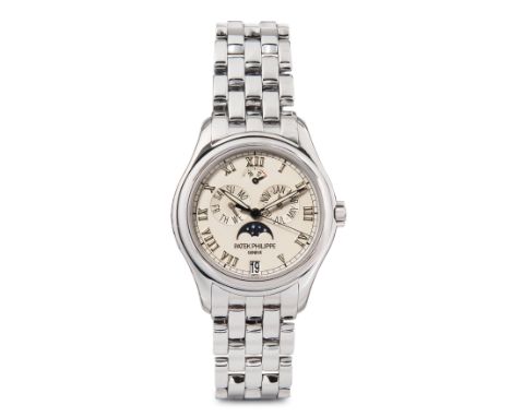 Patek Philippe "Annual Calendar", 2001Ref. 5036. 750 Weissgold-Gehäuse, 36 mm, geschraubter Sichtboden. Veredeltes Automatik 