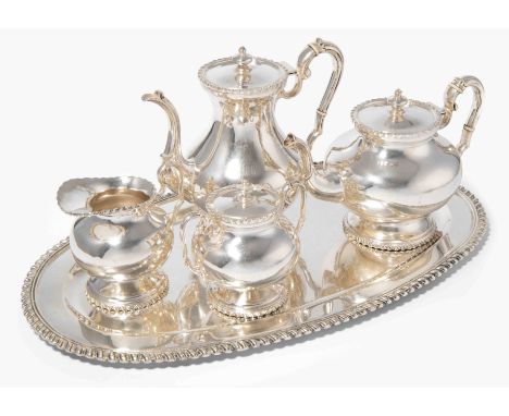Kaffee-/Teeservice, Mexiko, 20.Jh. Silber, 5-teilig. Meistermarke ADN. Bauchige, blanke Form über eingezogenem Fuss. Geschwei