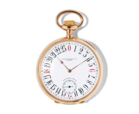 Patek Philippe, Gold-Taschenuhr Gondolo mit seltener 24-Stundenanzeige, um 1906Signiertes, guillochiertes 750 Rosegold-Lépine