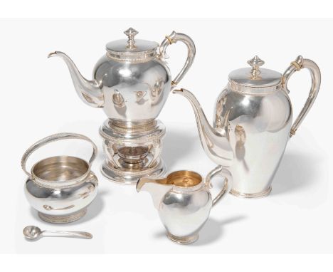 Kaffee-/Teeservice, Holland, 20.Jh.(Importmarke). Silber, 4-teilig. Gemarkt DA+. Blanker Korpus mit feinen Perlbordüren. Best