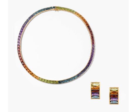 Farbedelstein-Collier mit Ohrstecker750 Gelbgold. In den Regenbogenfarben gefasste Farbstein-Carrés wie Topas, Amethyst, Gran