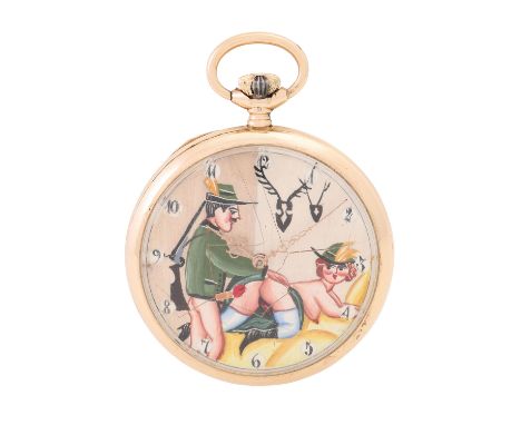 TAVANNES offene Taschenuhr mit Erotik-Automat "Jäger". Roségold 14K, Staubdeckel Metall, Staubdeckel signiert "Grands Prix Br