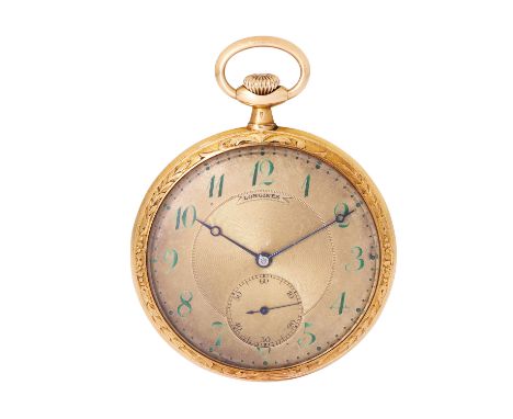 LONGINES offene Taschenuhr mit emailliertem Deckel ca. 1902-1904. 18K Gold inkl. Staubdeckel. Glasrand fein graviert. Rückdec