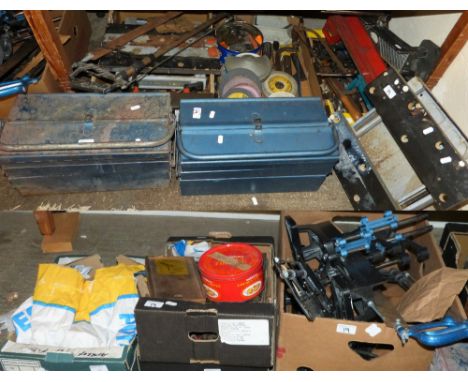 A selection of various tools in seven boxes including files, grinding disc, saws, bench vices, tool boxes etc.