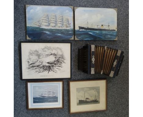 A pair of watercolours of ships by H Crane, other shipping pictures and a small accordion
