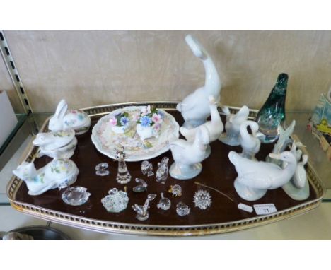 A tray of miscellaneous china and glass pieces including glass Wedgwood duck, glass crystal pieces including Swarovski, Lladr