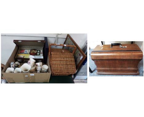 A box of china and glass including a part tea service, Royal Worcester cake stand, a ship in a bottle, lighter, ashtray and s