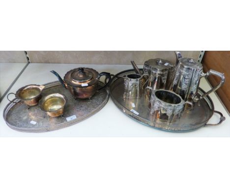 A Victorian five piece plated tea and coffee service together with another later plated tea service (2)
