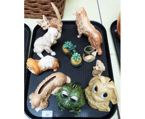 Ten Sylvac dog and cat figures, including frog and rabbit money boxes and a pineapple cruet