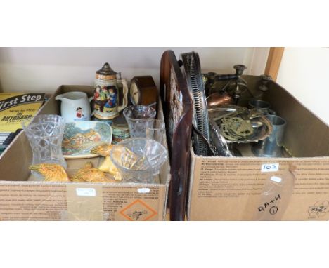 An inlaid mahogany tray decorated with butterfly wings together with a box of miscellaneous including inlaid mantle clock, a 