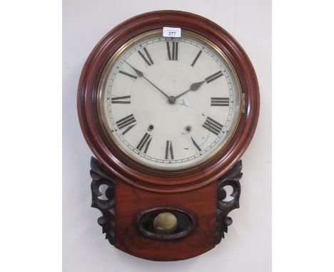 Late C19th/early C20th mahogany cased drop dial wall clock, brass bezel enclosing painted 29.7cm dial, Roman numerals and rai
