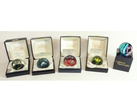 Five Caithness glass paperweights incl. 1st Quarter, Stardust, Dawn/Dusk, Flower in the Rain and Scimitar, all with original 