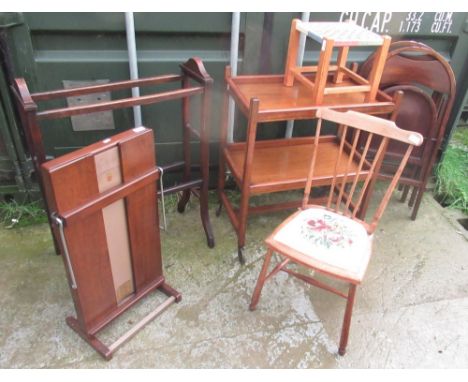 Early C20th mahogany towel rail on outsplayed legs, mahogany two tier trolley, beech string top stool, early C20th beech bedr