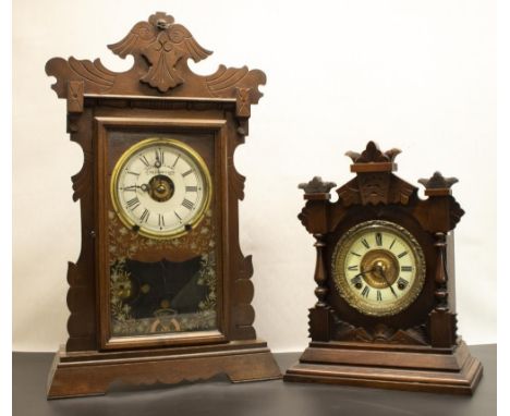 Retailed by Fattorini &amp; Sons' patent Automatic Alarm early C20th mahogany cased mantel clock, carved case with applied ca