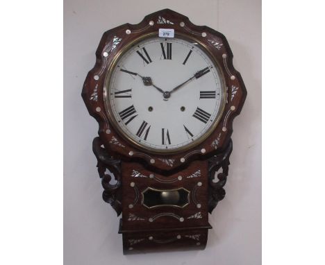 Late C19th/early C20th simulated rosewood inlaid drop dial wall clock, brass bezel enclosing painted 31.2cm dial, set with Ro