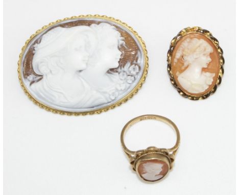 Cameo brooch of two children in profile on an 18ct yellow gold mount, stamped 750, a 9ct gold cameo ring, stamped 9ct, size K