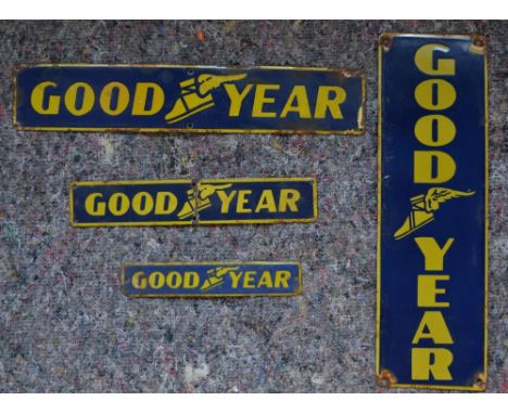4 small enameled steel plate advertising signs for Goodyear. 3 landscape and 1 portrait format. Portrait dimensions: W12.6xH4