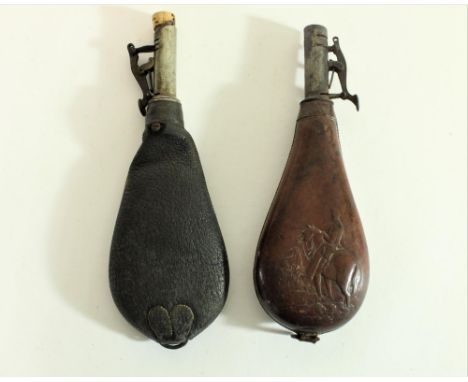 C19th G &amp; JW Hawksley black bag form leather shot flask, and another C19th tooled leather shot flask (2) 