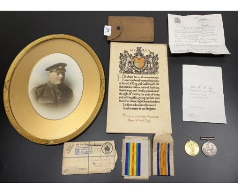 British War medal 1914 - 1918 and Victory medal pair, G-38658 Pte. TH. Wheatcroft R.W. Kent R with memorial scroll, associate