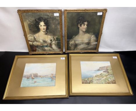 Alfred Hudson, pair of late C19th seascape watercolours, signed, W28cm H21.5cm, pair of C20th colour prints in the style of T