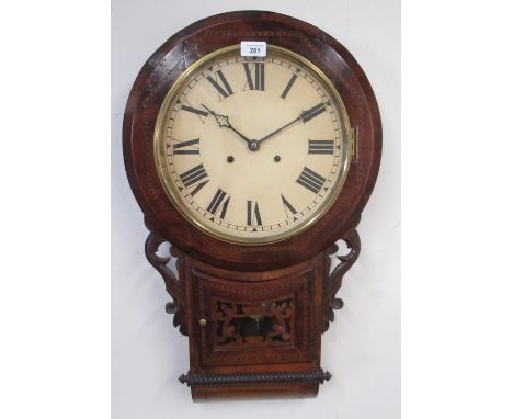 Late C19th/early C20th inlaid walnut drop dial wall clock, brass bezel enclosing painted 30cm dial, with Roman numerals and r