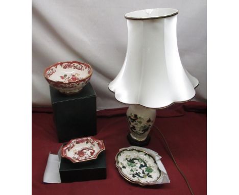 Mason's Ironstone Chartreuse table lamp with fluted silk style shade, overall H61cm, pair of matching oval dishes with gilt h