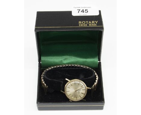 Mid 1970's rotary 9ct gold cased handwound wristwatch with date, signed silvered dial with applied baton hour markers, two pi