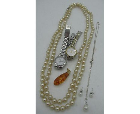Tissot Ladies wristwatch, a Citizen Quartz Ladies watch, mid-century simulated pearl necklace L124cm, pearl stud earrings wit