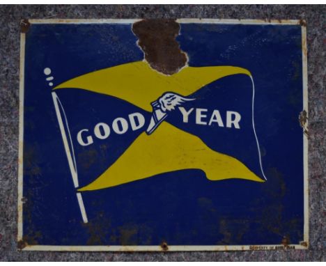 An enameled steel plate advertising sign for Goodyear. W63.7xH50.9cm 