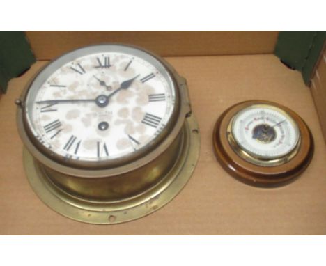 C20th brass Smiths bulkhead type clock, white enamel dial with black Roman numerals and subsidiary seconds, single train 8-da