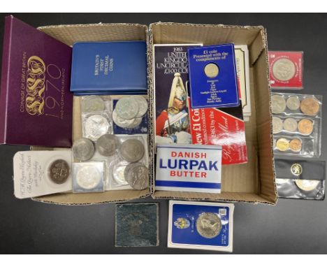 Royal Mint 1970 proof set, commemorative crowns including Silver Jubilee, Churchill, Coronation, uncirculated £1 coins, three