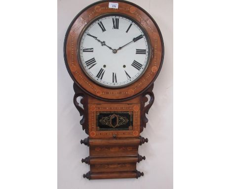 Late C19th/early C20th inlaid walnut cased drop dial wall clock, brass bezel enclosing painted 31.5cm dial, Roman numerals an