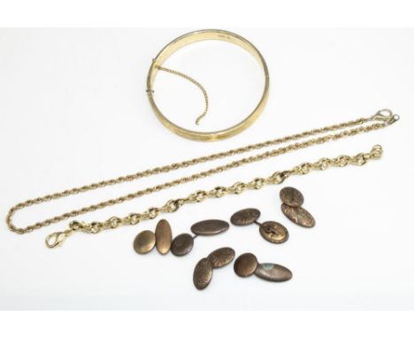 14ct gold plated curb link chain bracelet, stamped 14KGP, a 14ct gold plated rope chain necklace, L44cm, 14KGP, a 18ct rolled