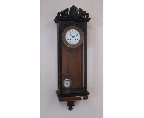 C19th French rosewood cased wall clock, case with carved decoration and acanthus floral pediment, fully glazed panel door enc