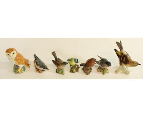 Collection of Beswick porcelain bird models incl. Chaffinch, Owl, Whitethroat etc. and a Goebel Brambling (7) 