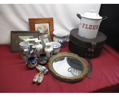 Mid C20th white enamelled flour bin, D23cm H28cm, 1950's leatherette hat box with initials, mid C20th circular wall mirror wi