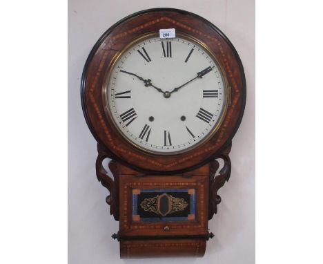 Jerome and Company Superior 8 day Anglo-American clock, late C19th inlaid walnut drop dial wall clock, the brass bezel enclos