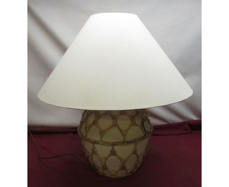 Late 20th century pottery table lamp, with basket weave strapping, cream conical shade (height 66cm) 