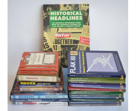 A collection of mostly aviation related reference books including F-4 Phantom by Tim Mclelland (hardback), Lightning Strikes 