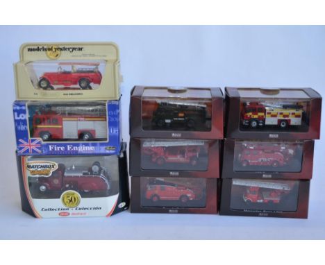 6 Atlas Editions cased 1/76 fire engine models including A Green Goddess, AEC Regent 3, Leyland TLM etc. Also a Matchbox Coll