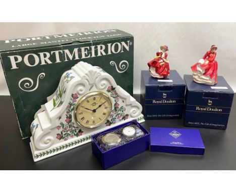 Boxed Portmeirion large Botanic Garden quartz mantle clock, boxed Edinburgh crystal Royal Mint Millenium Edition quartz clock