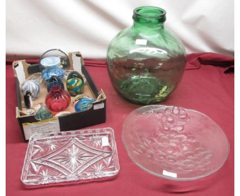 C20th green glass carboy H37cm, Mdina glass paperweight, 20th century Dartington cranberry glass vase, other decorative glass